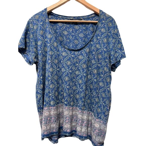 Lucky Brand Scoop Neck Floral Border Textured T-Shirt Blouse Size Large - Picture 2 of 14